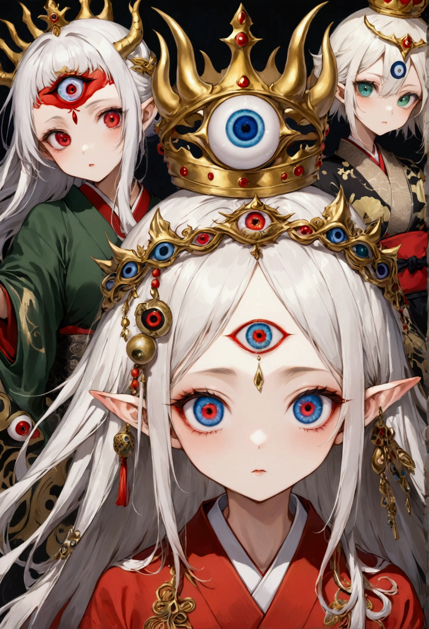 (((Girl with 3 eyes)))，(((3 eyes:1.37)))，(((third eye on the forehead:1.1)))，Girl with 3 eyes，Staring Monster，Strange girl，Long white hair，Japanese style，demon，Elf，Japanese red kimono with dark patterns，Greenbelt，Eyeball Golden Crown
