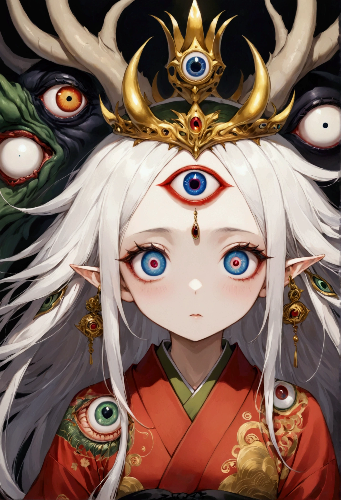 (((Girl with 3 eyes))),(((3 eyes:1.37))),(((third eye on the forehead:1.1))),Girl with 3 eyes,Staring Monster,Strange girl,Long white hair,Japanese style,demon,Elf,Japanese red kimono with dark patterns,Greenbelt,Eyeball Golden Crown
