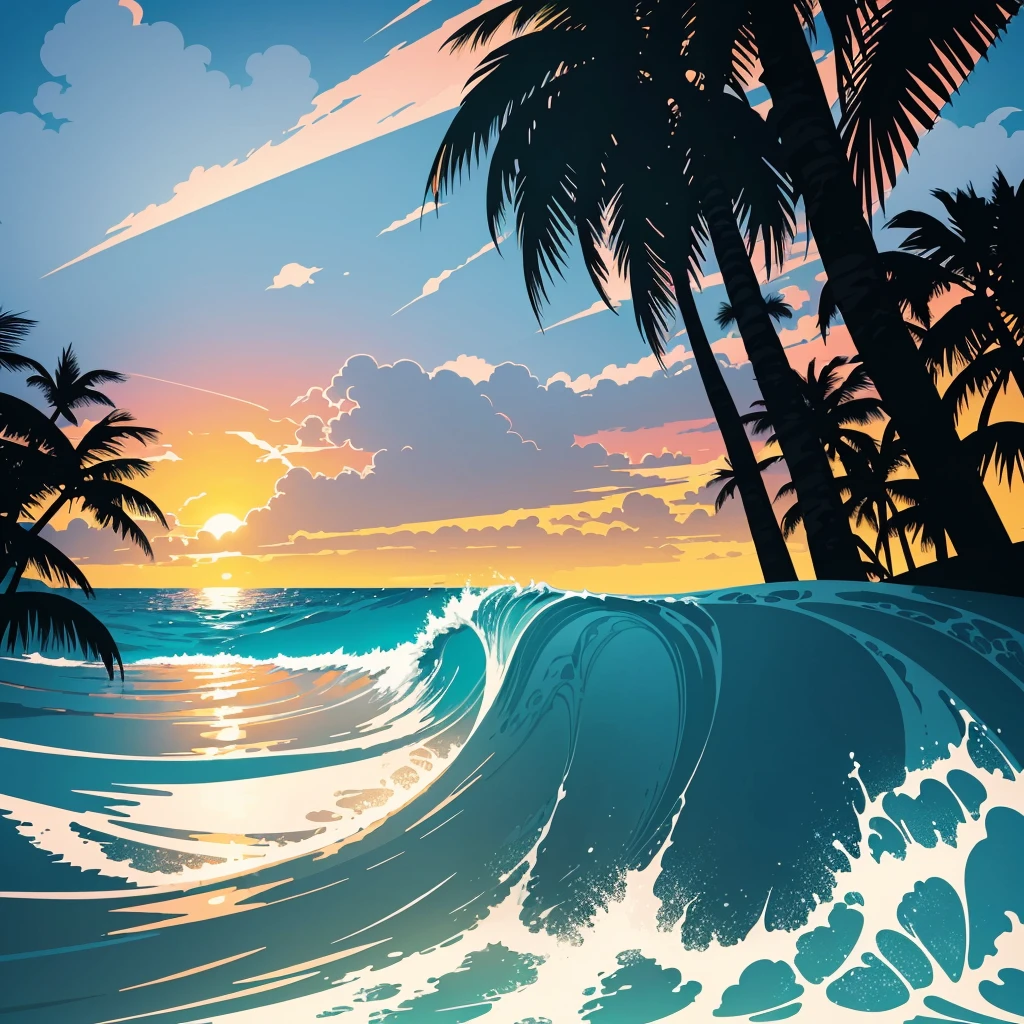 intricate t-shirt design, rzminjourney, vector art, summer tropical vibes, hot like hawaii, highly detailed, 4k, hyperrealistic, vibrant colors, dynamic composition, palm trees, beach, ocean waves, sunset sky, tropical flowers, fashionable silhouette, bold graphics, clean lines, minimalist style, seamless pattern, digital art, stylized illustration