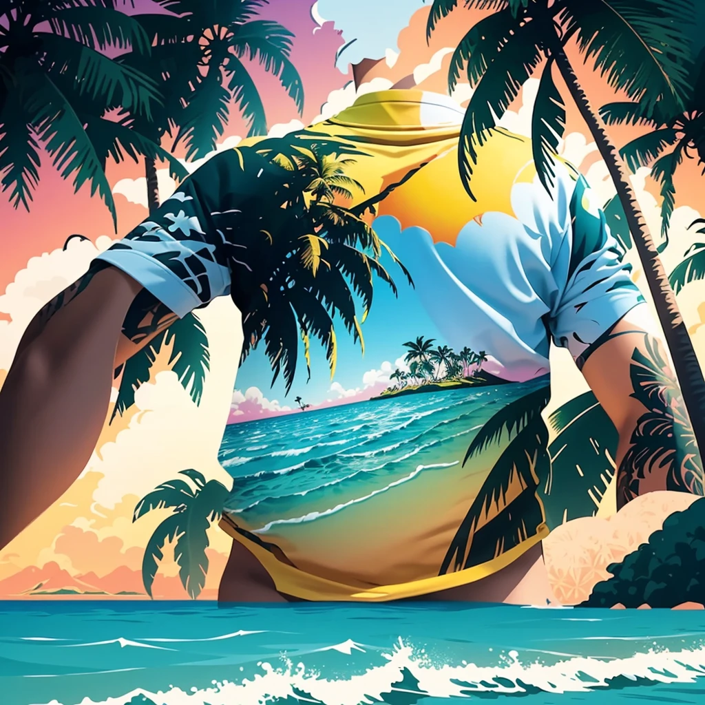 intricate t-shirt design, rzminjourney, vector art, summer tropical vibes, hot like hawaii, highly detailed, 4k, hyperrealistic, vibrant colors, dynamic composition, palm trees, beach, ocean waves, sunset sky, tropical flowers, fashionable silhouette, bold graphics, clean lines, minimalist style, seamless pattern, digital art, stylized illustration