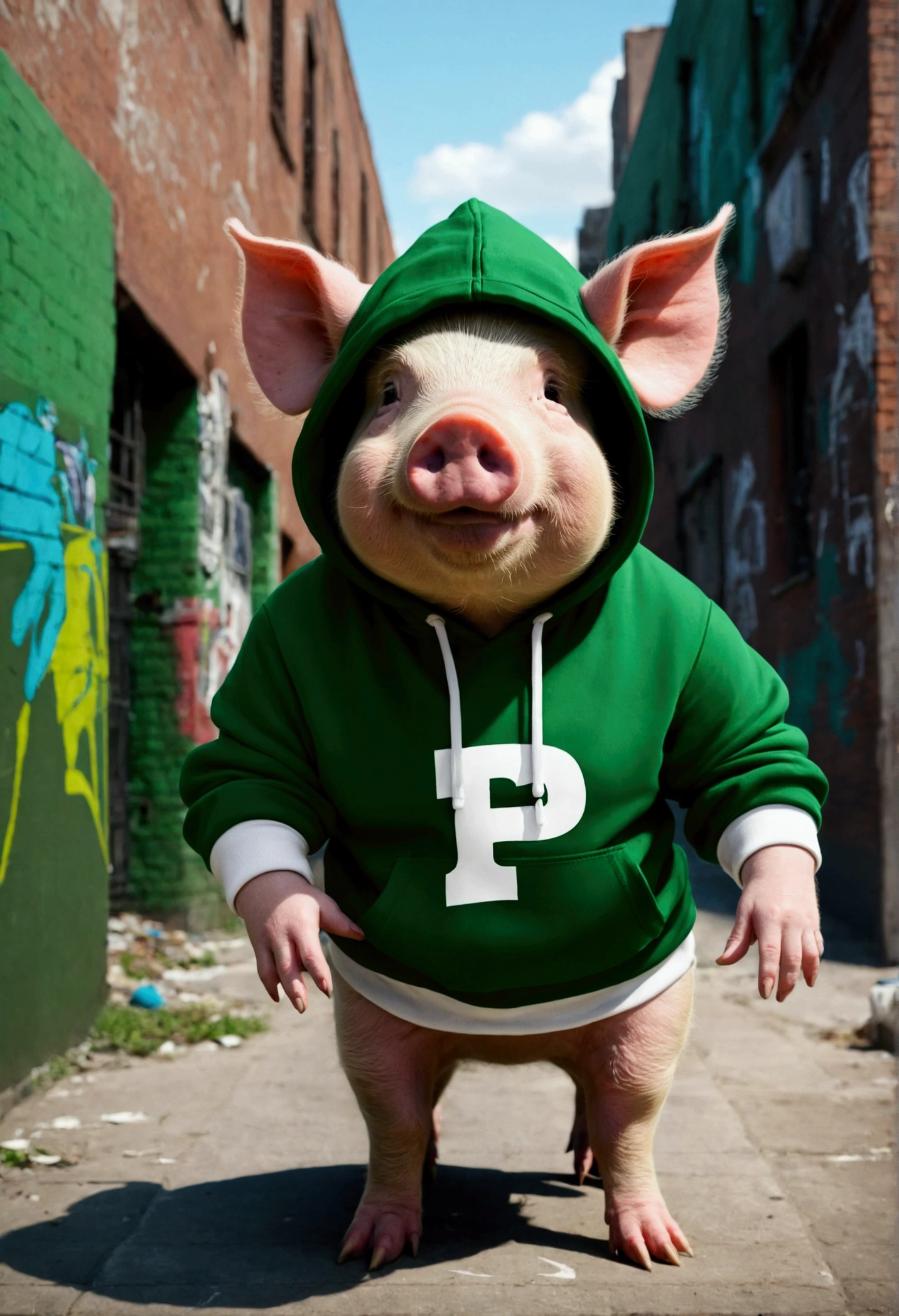 Generate an antropomorphic pig wearing a green hoodie with a letter P emblem with white details in a city buildings at night background
