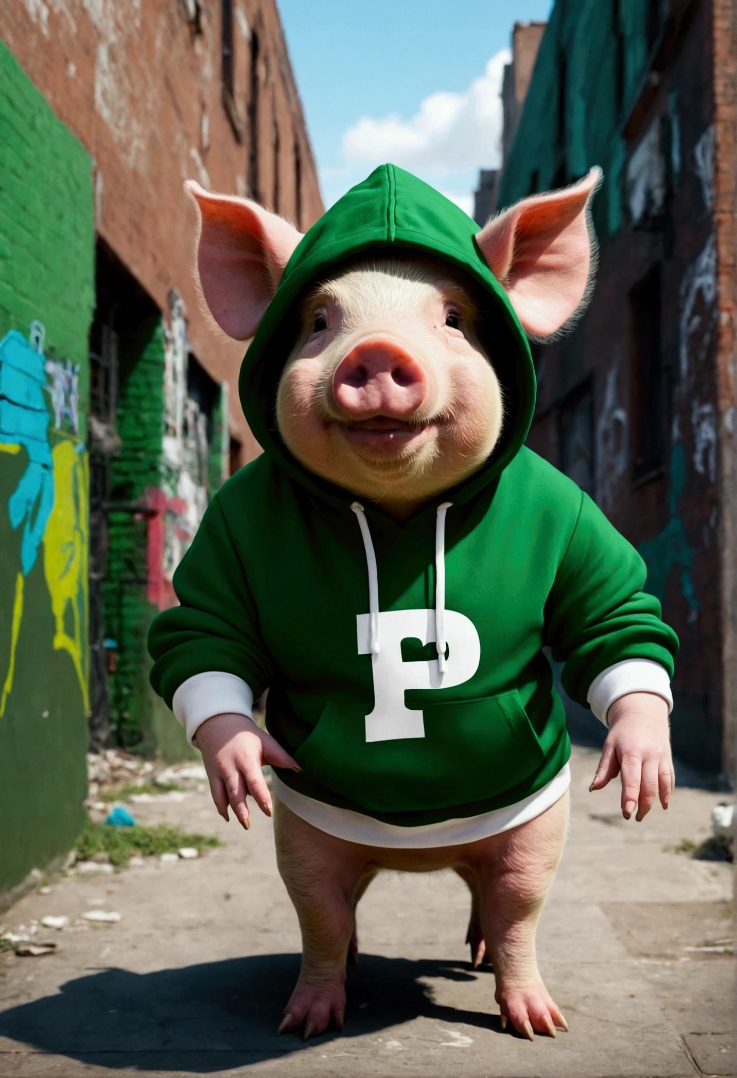 Generate an antropomorphic pig wearing a green hoodie with a letter P emblem  with white details in a city buildings at night background