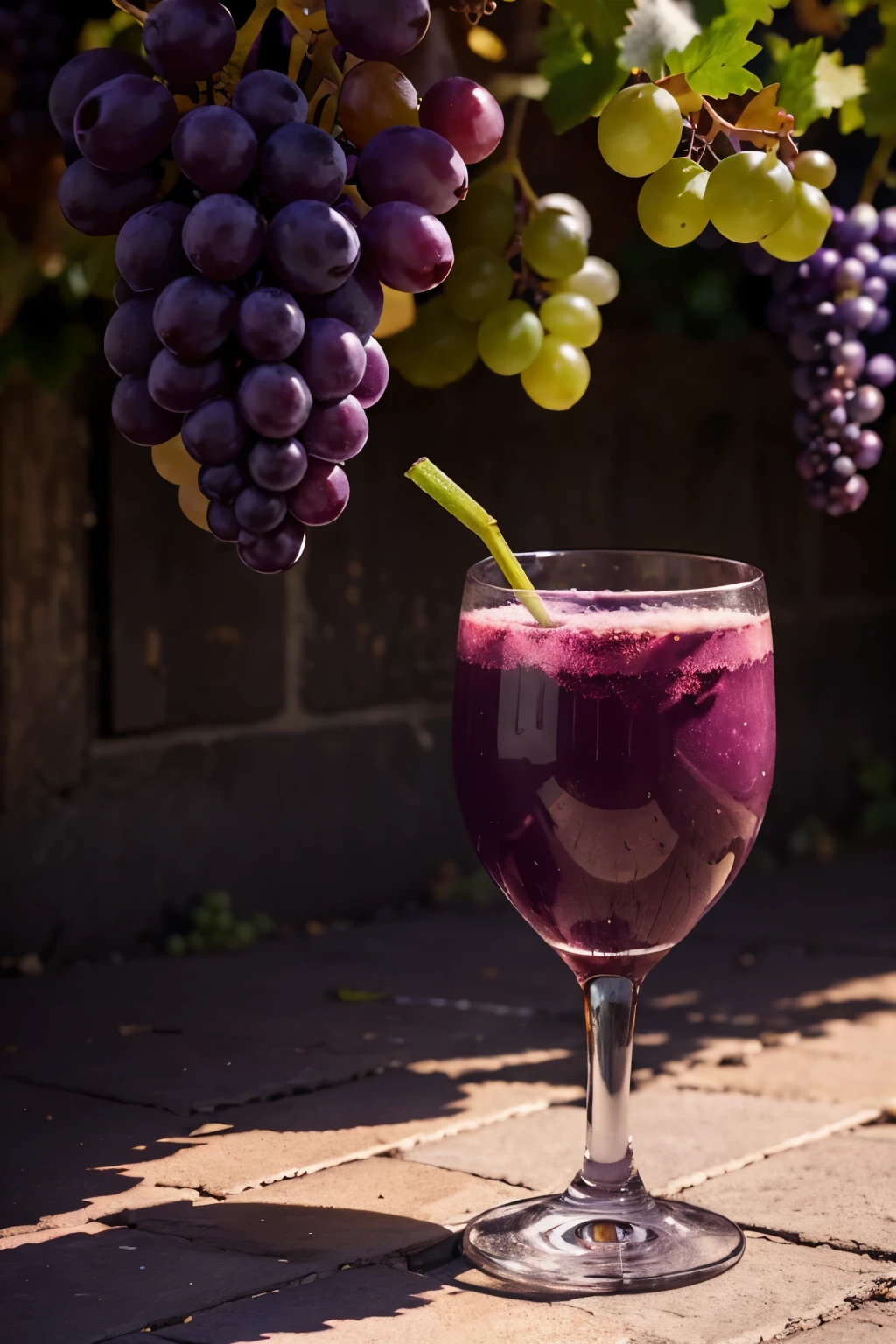 grape juice with bright colors on a grape-colored background, with well-defined shadows, image for product promotion. Professional image with a low angle up