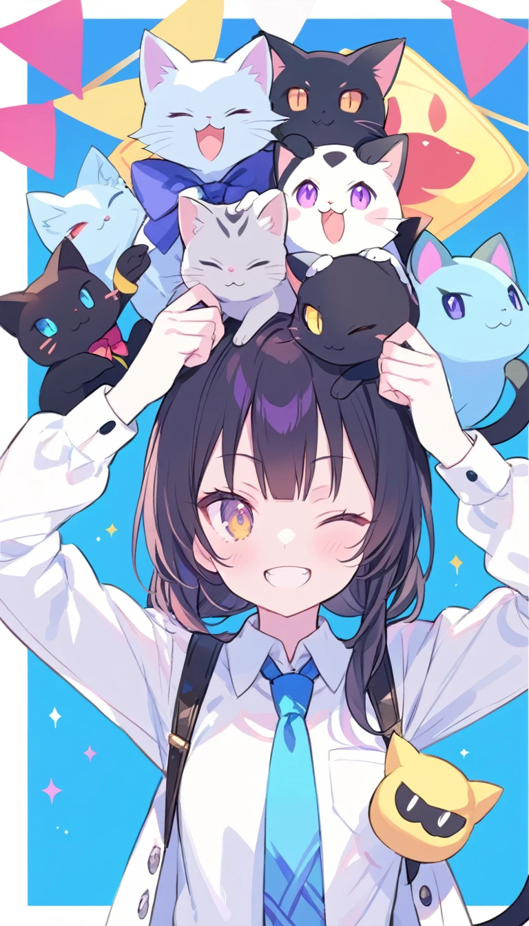 1girl, Best quality, genshin,Touhou Project,Honkai StarRail, mamimi(mamamimi),blade (galaxist),((fuzichoco,butterchalk,yoshinari you,mika pikazo)), school uniform, blunt bangs, holding pokemon, open mouth, one-hour drawing challenge, on head, blue background, looking at viewer, straight-on, one eye closed, white shirt, pokemon (creature), index finger raised, collared shirt, smile, animal, shirt, brown eyes, wing collar, blunt ends, teeth, long sleeves, hime cut, black hair, long hair, necktie, purple eyes, tongue, portrait, purple necktie, ;3, blue necktie, crossover, animal on head, grin, holding, cat, masterpiece, newest, absurdres, safe