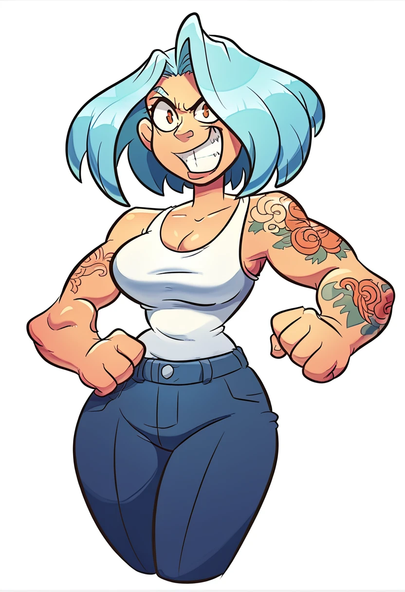 a cartoon girl with a tattoo on her arm, character is in his natural pose, female protagonist 👀 :8, great character design, arms on waist pose, video game character designs, strongest pose, struggling pose, whole body!!!, thick, super super dynamic dynamic pose, official busty character art