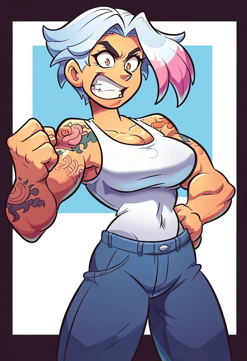 a cartoon girl with a tattoo on her arm, character is in his natural pose, female protagonist 👀 :8, great character design, arms on waist pose, video game character designs, strongest pose, struggling pose, whole body!!!, thick, super super dynamic dynamic pose, official busty character art