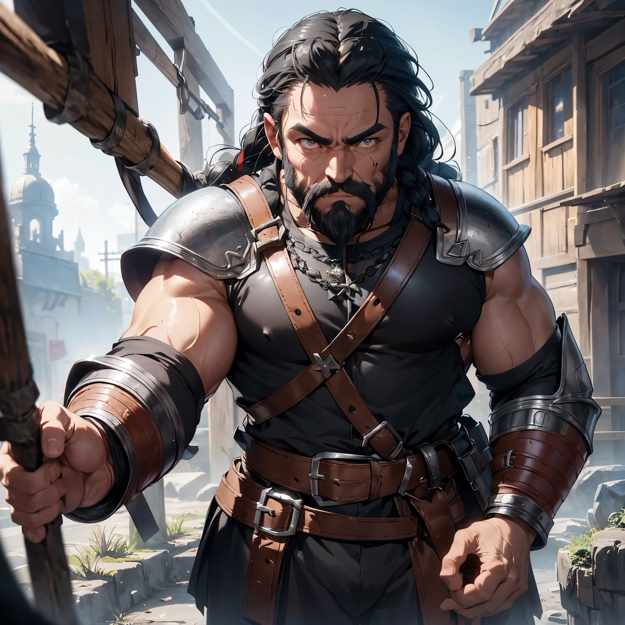 a muscular dwarf man, short black beard braided with silver threads, slate gray eyes, wearing leather armor reinforced with metal plates, a war ax hanging from his belt, hyperdetailed, highly realistic, cinematic lighting, dramatic shadows, vibrant colors, octane render, 8k, best quality, medieval city, universe fantasy, florest