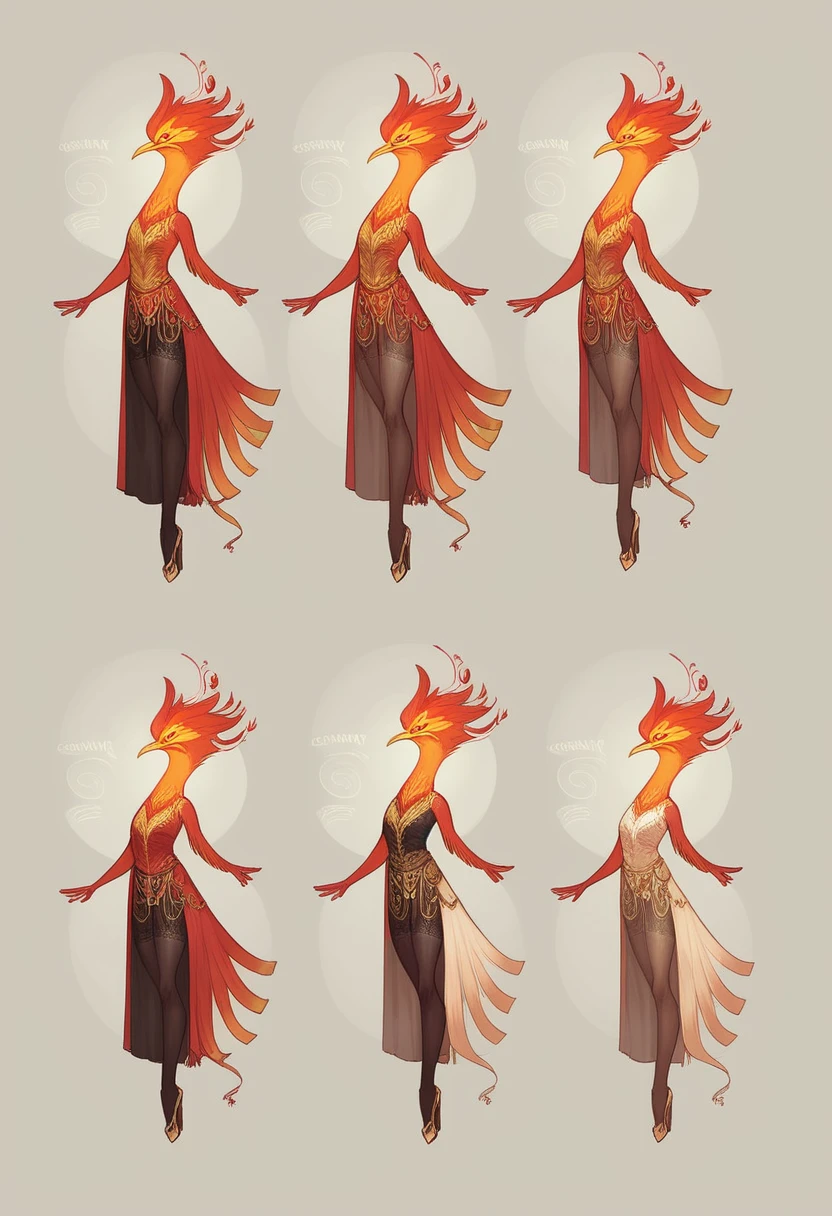 ((Masterpiece, Highest quality)), Detailed face, CharacterDesignSheet,full bodyesbian, Full of details, Multiple poses and expressions, Highly detailed, Depth, Many parts,beuaty girl,cinmatic lighting,with light glowing,Red and gold,Phoenix decoration,light yarn,Lace,lacepantyhose,high-heels