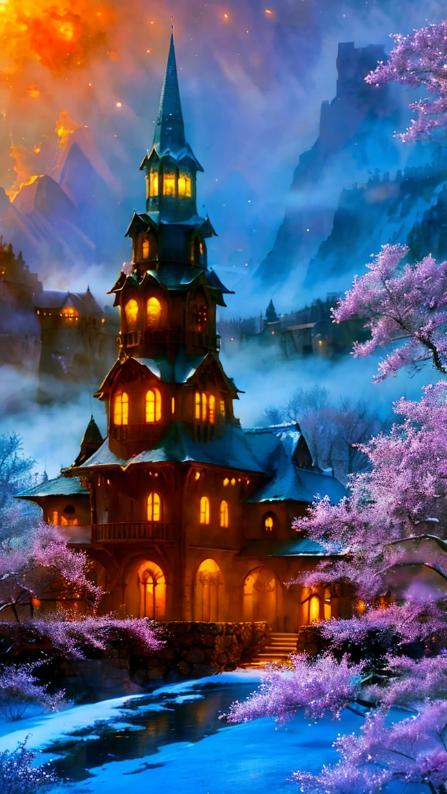 Mysterious Castle、Foggy landscape、Majestic Tower、Intricate stone carvingysterious glow、Bright colors、Enchanting atmosphere、Powder Snow、Hidden Secrets、ling moonlight、Whimsical Creatures。(Highest quality、High resolution、Very detailed)、ancient architecture、Western architecture, Magical atmosphere、Dreamy atmosphere、Fantasy Setting、Surreal elements、Fairytale atmosphere、Surrealistic lighting、Painterly style。