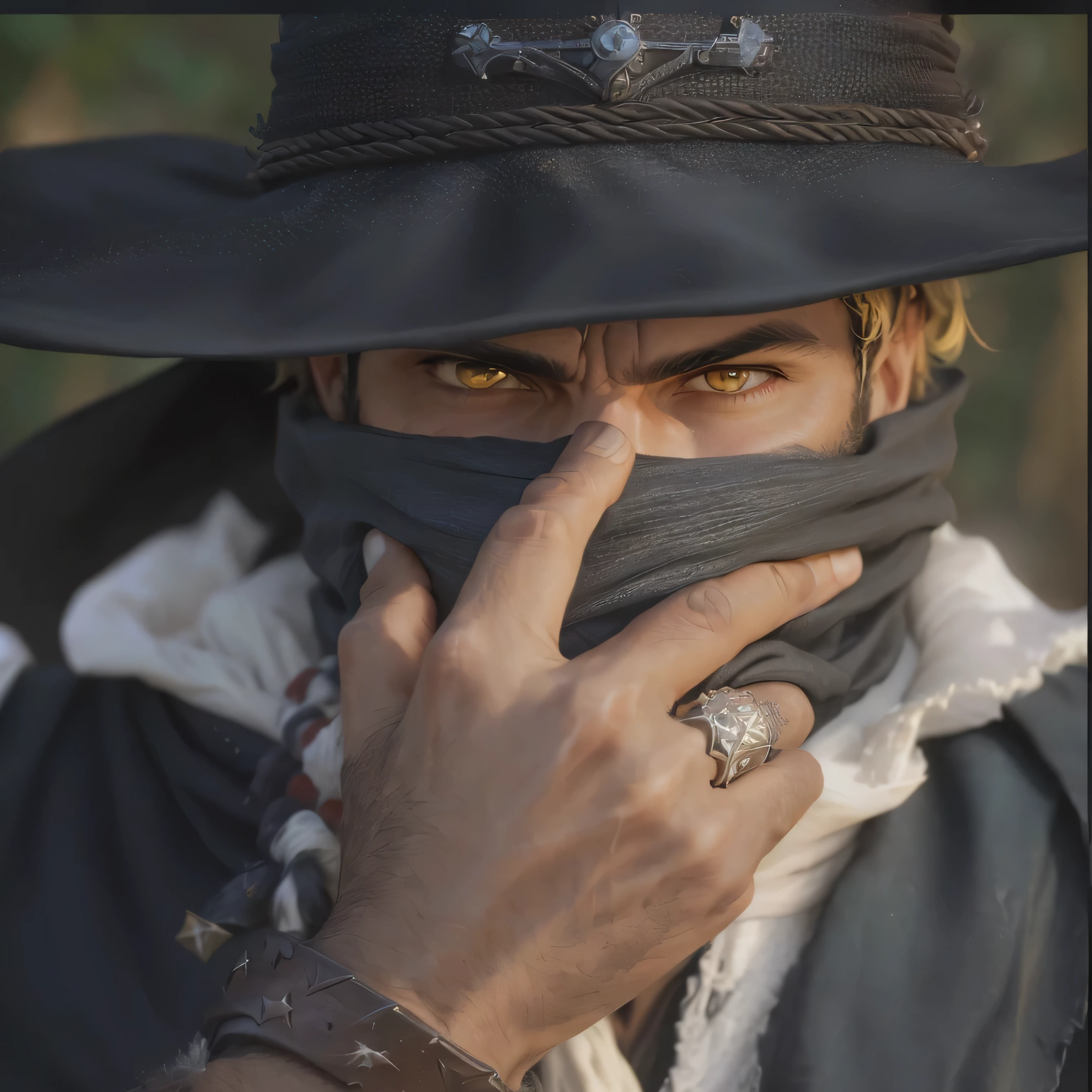 arafed man wearing a hat and scarf covering his face, portrait of a vigilante, portrait of bedouin d&d, close-up shoot, close - up portrait shot, cowboy, old mexican magician closes eyes, close up portrait shot, closeup portrait shot, mysterious man, photo of a ghostly pirate, mexican vaquero, cloak covering face