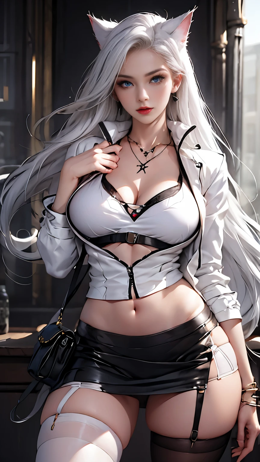 Photorealistic, high resolution, 1 woman, Hips up, Beautiful eyes, Long hair, ringed eyes, jewelry, tattoo, outfit-Blaze, cat ears, white bra, white jacket, black skirt, thigh highs, blue eyes, back view