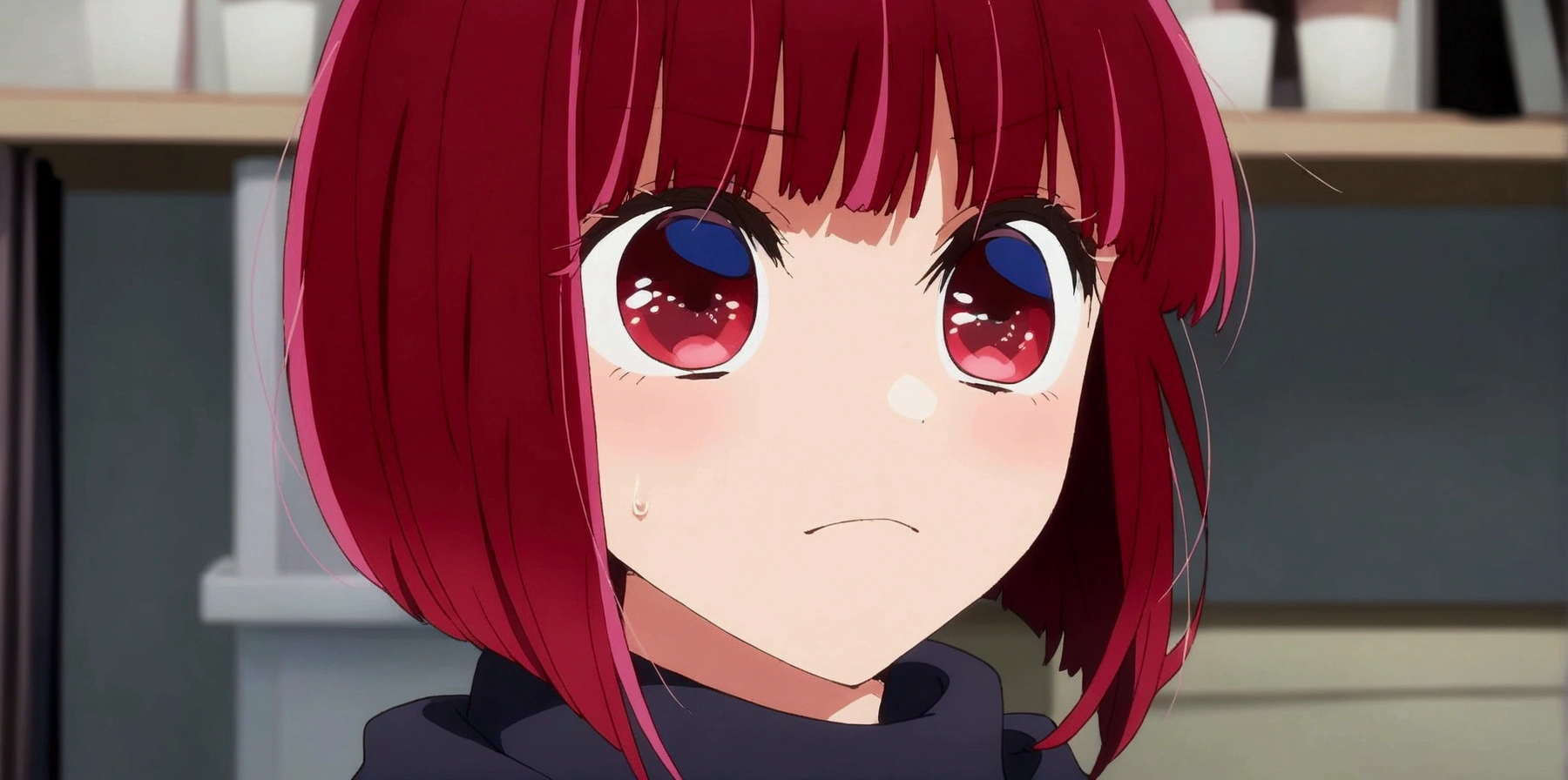 Anime girl with red hair and blue eyes looking at the camera., close up Otro iwakura, close up of Otro iwakura, closeup of a young anime girl, perfect anime face, Today's featured anime still., in an anime, visual anime of a cute girl, Otro iwakura, black anime pupils in his eyes, cute anime face