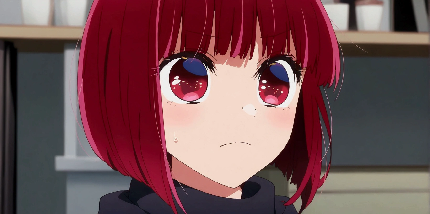 Anime girl with red hair and blue eyes looking at the camera., close up Otro iwakura, close up of Otro iwakura, closeup of a young anime girl, perfect anime face, Today's featured anime still., in an anime, visual anime of a cute girl, Otro iwakura, black anime pupils in his eyes, cute anime face