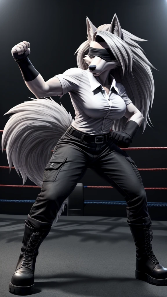 Loona from Helluva Boss, female wolf, anthro, mature adult, white soft hair, blindfold, tall, muscular, white shirt, black cargo pants, black boots, fighting stance, solo, beautiful, high quality, 4K