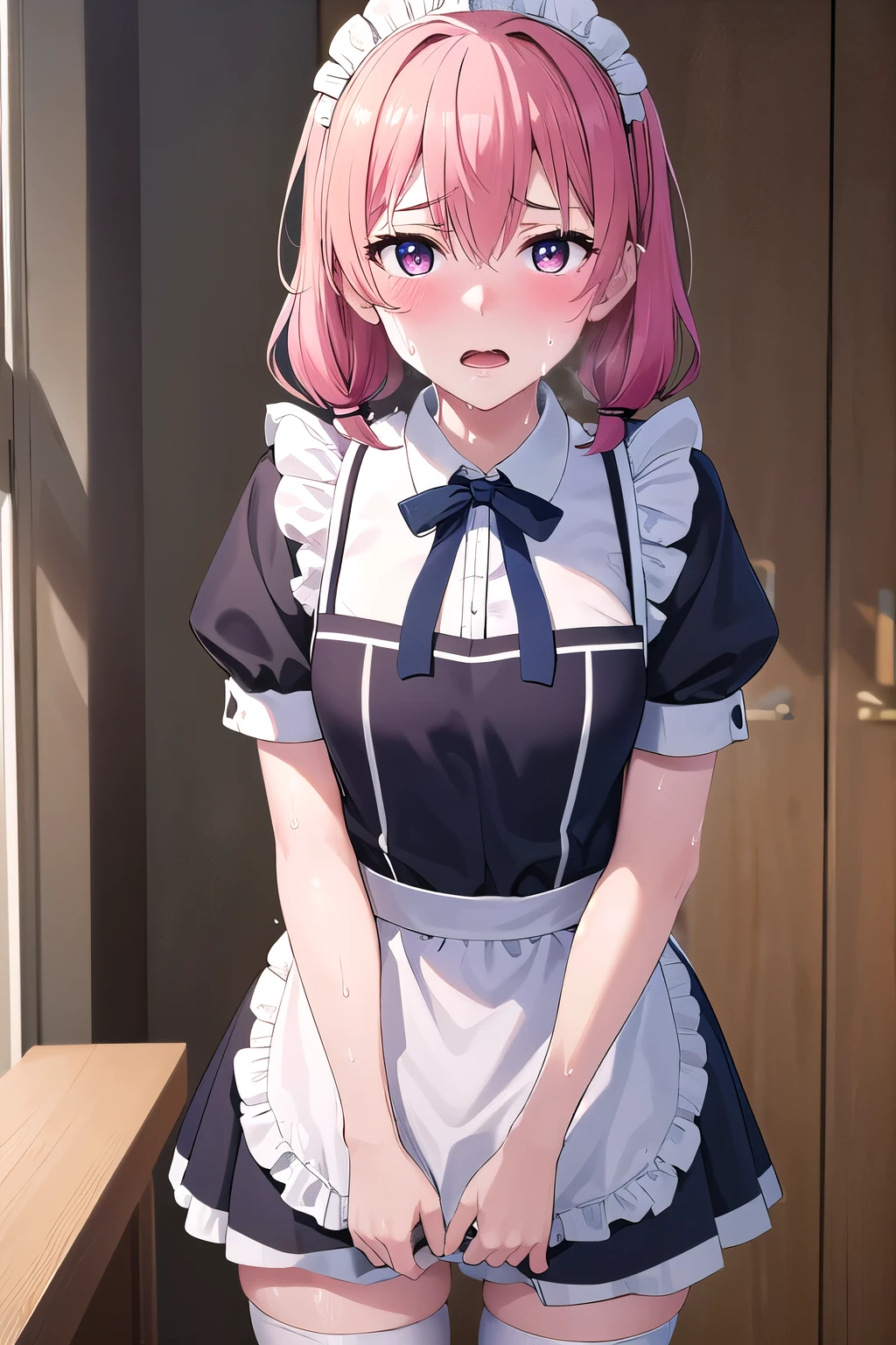 1girl, natural lighting, masterpiece, highly detailed, illustration, game CG, absurdres, high quality, beautiful detailed eyes, glossy lips, natural lighting, medium breasts, pink hair, low twintails, short twintails, bangs, hair between eyes, arisa ayase, aahiyori, maid, short puffy sleeves, white thigh highs, small maid apron, BRAKE (sweat:1.5), (steam:1.2), (masturbation:1.2), (girl trembling with sexual climax:1.1), (looking at viewer:1.3), (open mouth:1.2)