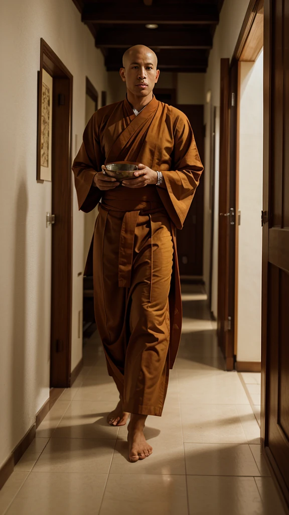 arafed monk holding a bowl in a corridor with other monks, buddhist monk, portrait of monk, monk meditate, buddhist monk meditating, monk, concept art of a monk, 2 1 st century monk, by John La Gatta, on path to enlightenment, monk clothes, buddhist, full body picture of a male monk, buddhism