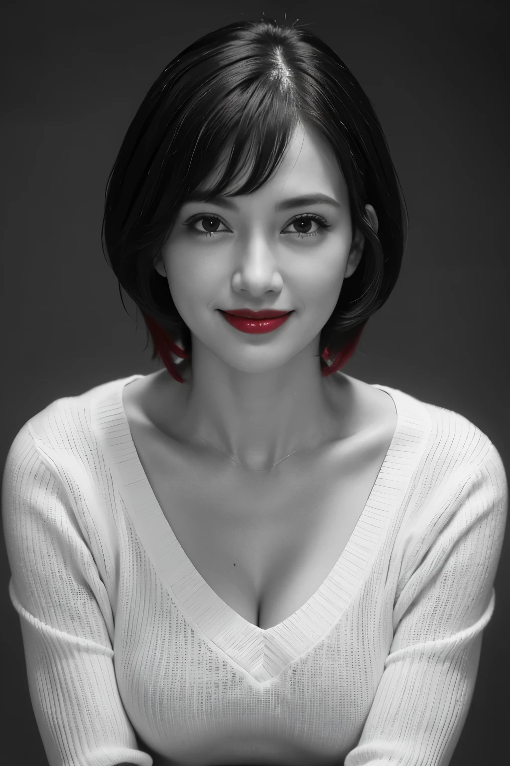 Tabletop, Highest quality, Realistic, Very detailed, finely, High resolution, 8k wallpaper, RAW Photos, Professional, High level of detail, 1 girl, ((((Black and white photography)))), (((Red lips))), ((Looking into the camera)), (((A slight smile))), Upper Body, short hair, Bob Hair, (Straight hair), Shapely breasts, Cleavage, V-neck light knit sweater