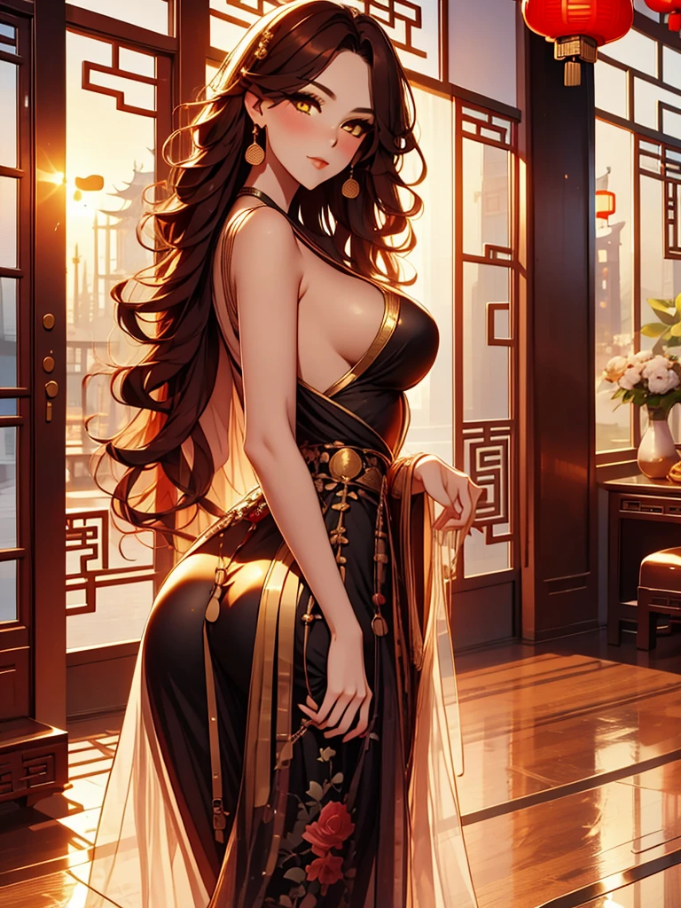 beautiful, Mark, Queen Mark, black dress, deep décolleté, wavy red hair, golden eyes, Good, sexy, sensual, chinese room, night, smiles, facial redness, looking back, Ancient Chinese style, Middle Ages, long skirt,,