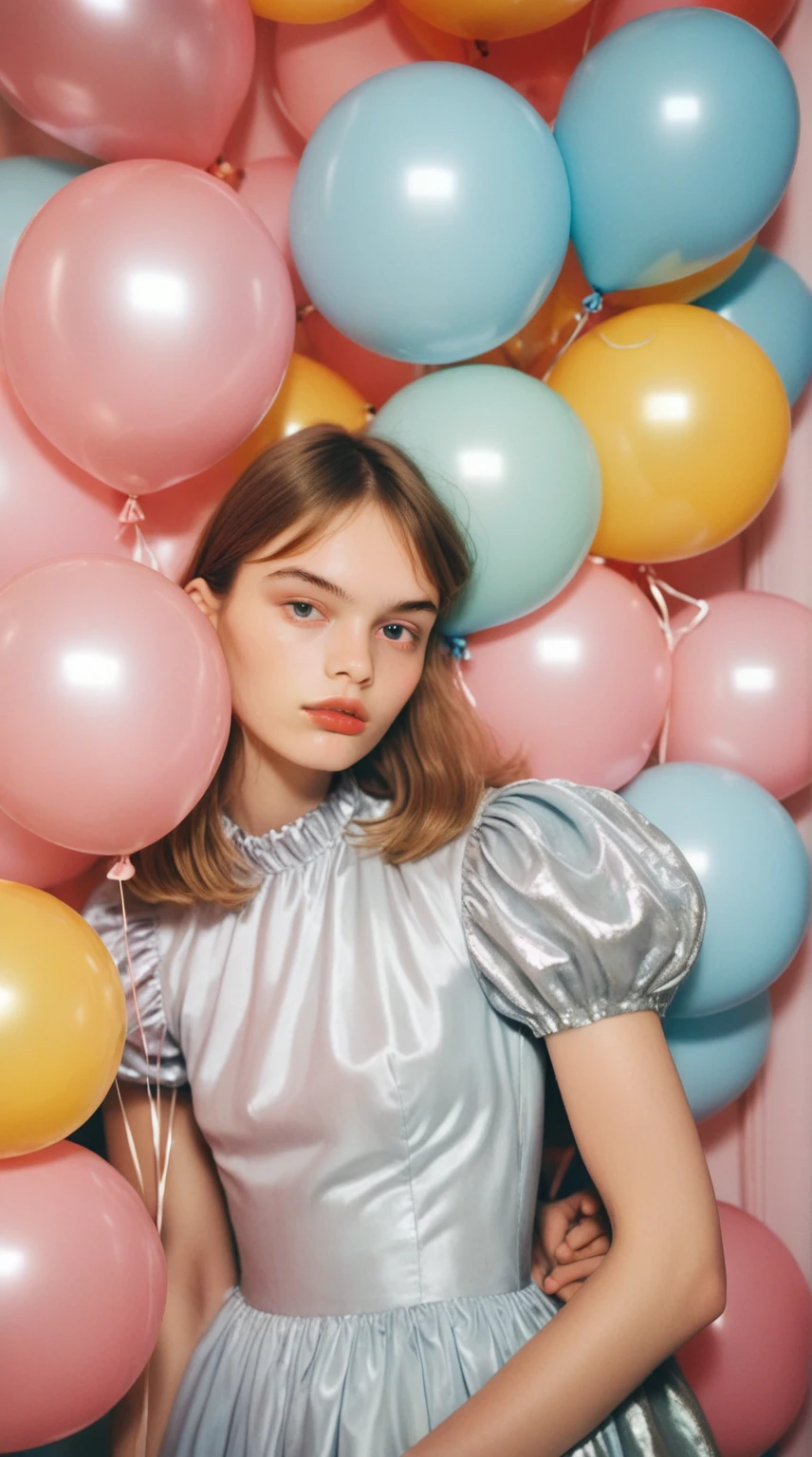 a young model in dress posing for a picture with balloons, in style of petra collins, as fashion editorial 90s, by Zofia Stryjenska, by Maud Naftel, by Emma Andijewska, fashion editorial, monia merlo, 1 model in the frame, fashion editorial photography, editorial fashion photography, beautiful gemini twins portrait, fashion magazine editorial