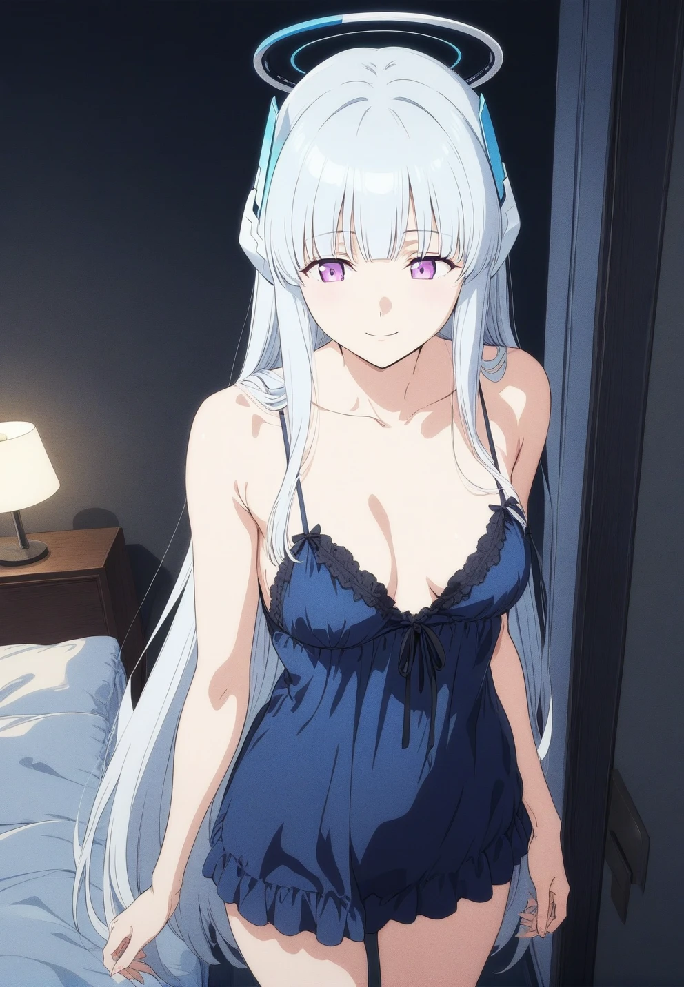 best quality, amazing quality, very aesthetic, absurdres, (1girl, noa, blue archive, solo, purpel eyes, white hair, medium breasts), (realistic face:0.9),(negligee long:1.8), (smile, night, thigh:1.3), (cowboy shot), (glowing eyes), (half closed eyes:0.9), (from above0.9), (official art:1.3), (high angle), expressive eyes, perfect face, 4k, extremely detailed anime illustration, extremely detailed eyes, perfect anatomy, light rays, extremely delicate body, smooth skin, (bedroom background:1.5), clear eyes, beautiful face, looking away,(anime style:1.7), (dark Light:1.5), (highres:2),

