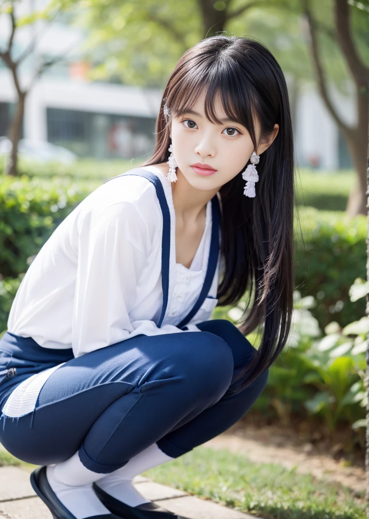 ulzzang-6500-v1.1, navy high socks　Majimix Real、(Raw photo:1.2)、(Photoreal:1.4)、beauty in beautiful details　and delicate expression、bionde、((I can see my pants))(Crouching panty shots)earrings　eyelash　beautiful and fine eyes、huge file size、super detailed、High resolution、transcendental beauty　highest quality、masterpiece、、(Japanese girls&#39; high school uniform))、very detailed expression　 small、finely、Highly detailed face movie lighting、23 year old girl、positive、((dynamic pose)))、(Sit straight with your knees bent))、pleated skirt、blazer、sexy upper eyes black hair, 