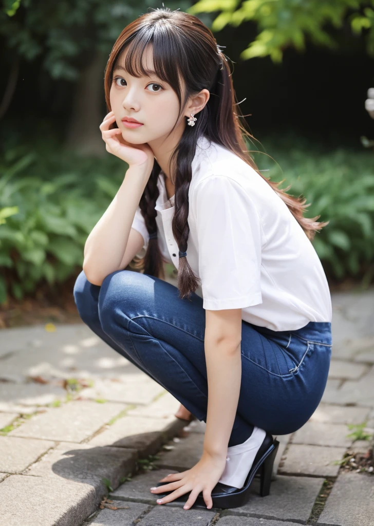 ulzzang-6500-v1.1, navy high socks　Majimix Real、(Raw photo:1.2)、(Photoreal:1.4)、beauty in beautiful details　and delicate expression、bionde、((I can see my pants))(Crouching panty shots)earrings　eyelash　beautiful and fine eyes、huge file size、super detailed、High resolution、transcendental beauty　highest quality、masterpiece、、(Japanese girls&#39; high school uniform))、very detailed expression　 small、finely、Highly detailed face movie lighting、23 year old girl、positive、((dynamic pose)))、(Sit straight with your knees bent))、pleated skirt、blazer、sexy upper eyes black hair, 