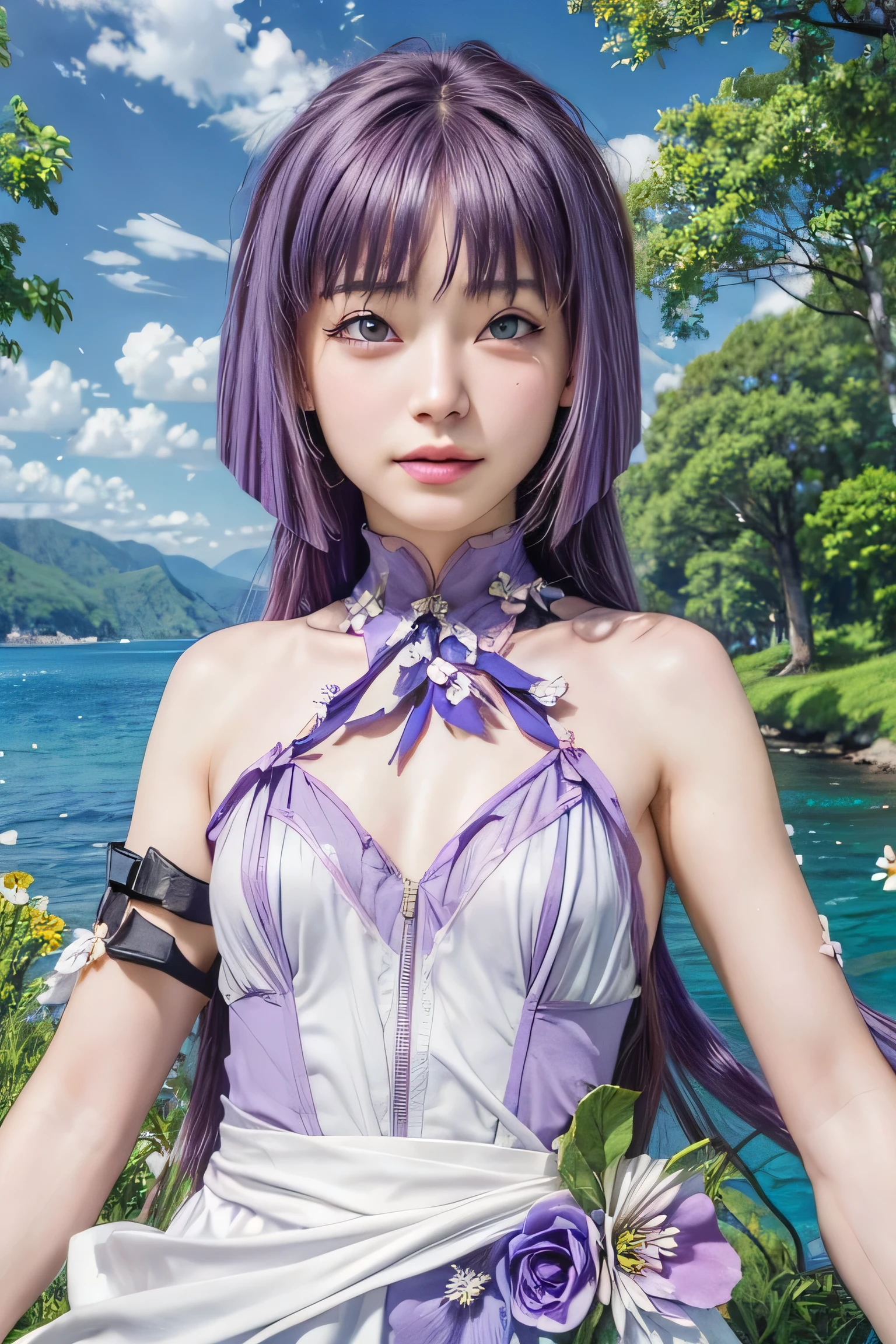 masterpiece, best quality, (realistic,photo-realistic:1.4), (RAW photo:1.2), extremely detailed CG unity 8k wallpaper, delicate and beautiful, amazing,finely detail, official art, absurdres, incredibly absurdres, huge filesize, ultra-detailed,extremely detailed eyes and face,light on face,sumire kakei,(little smile),(purple hair:1.4),(long hair:1.6),(wearing flower dress:1.4),beach background