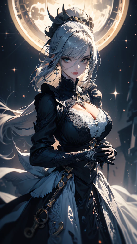 masterpiece, high quality, 4K, Beautiful design, silhouette，Gray Hair， Highly detailed time and space， wonderful, Finer details,  Very knowledgeable woman, Highly detailed solo, 1 female,Big Breasts，Gothic Lolita Fashion，Hold the fan in front of your chest.，Night view，Starry Sky，full moon，