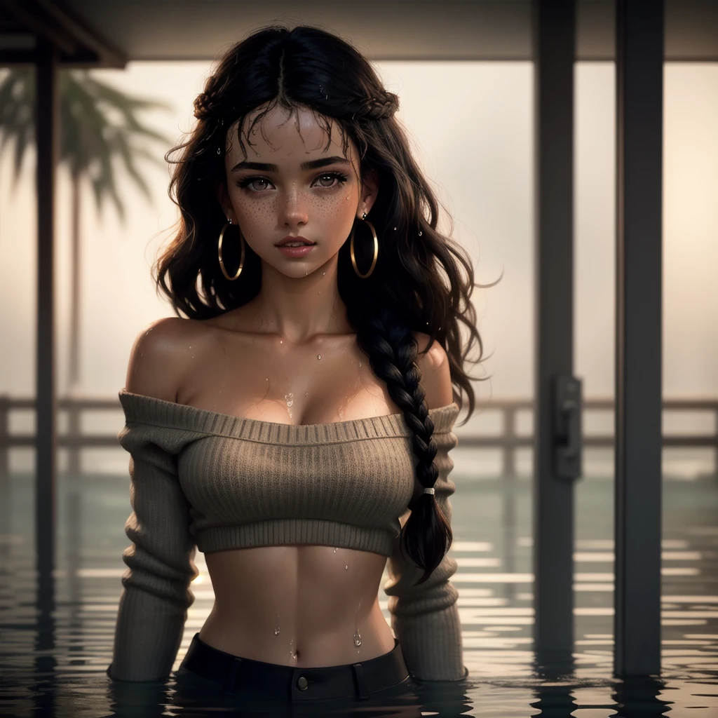 masterpiece,best quality, realistic illustration, style of Philip Lorca diCorcia,
cinematic film still portrait of girl aged 20yo, 1girl, solo, black long hair, side braid, olive eyes, hoop earrings, light freckles, dark skin, athletic body, large bust size, wearing a off the shoulder sweater, sweater pulled down, soaking wet, wet hair, wet body, water dripping off body and hair, perfect lips, posing for the camera, pretty face, vignette, highly detailed features, highly detailed body, high budget, bokeh, cinemascope, moody, epic, gorgeous, whole body photo, film grain, grainy