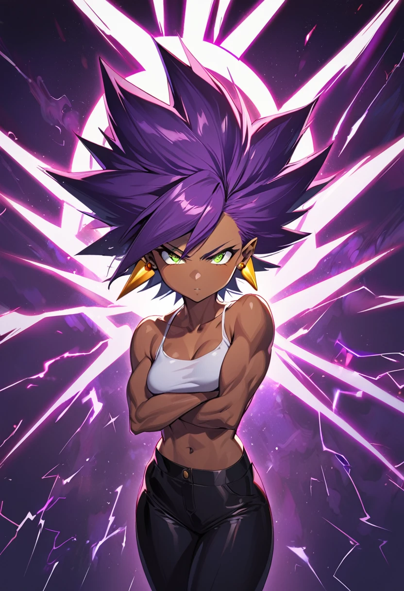 1girl, alone, Saiyan, spiky dark purple hair, green eyes, defined muscles, slim waist, wide hips, dark skin, medium breasts, no clothes, naked, bobs, white t-shirt, black pants, super saiyan, lightning around, lightning purple, purple lightning around, energy around, ki energy, purple energy, yellow earring in the right ear, hakai, hakaishin