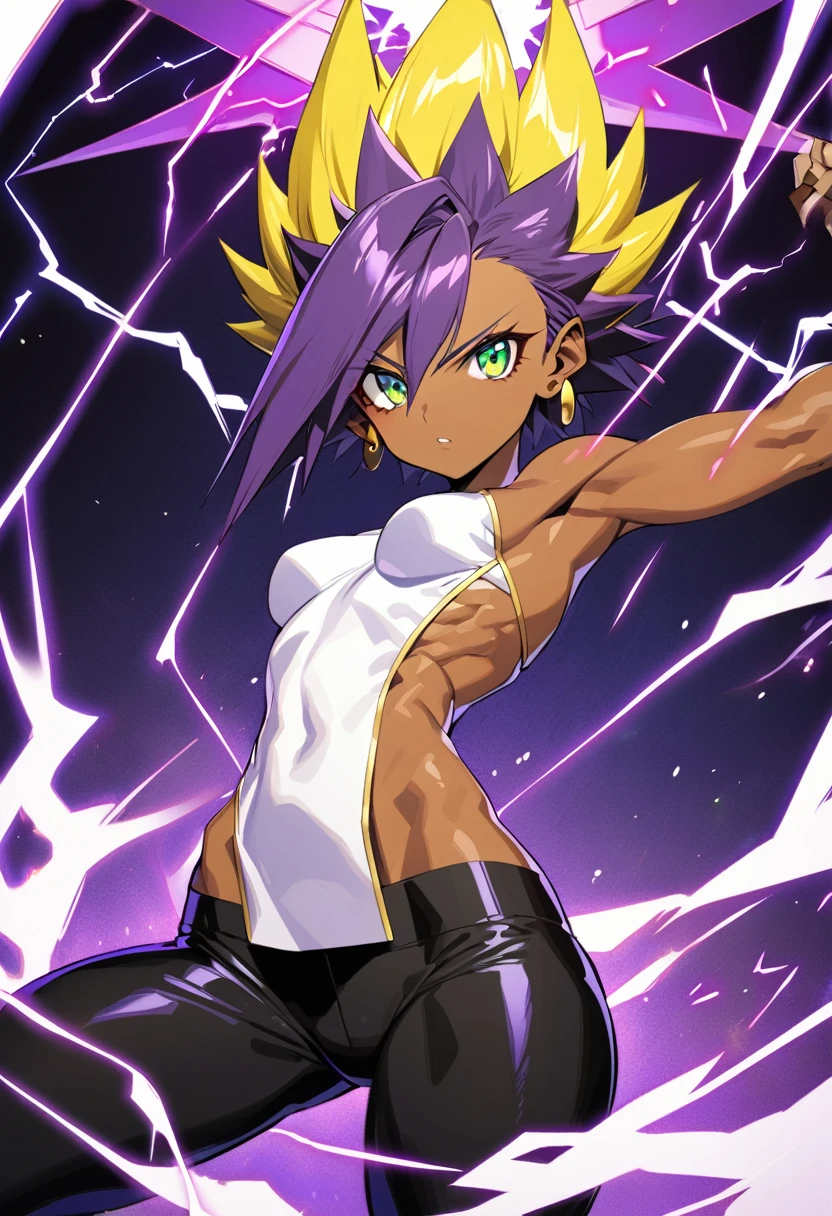 1girl, alone, Saiyan, spiky dark purple hair, green eyes, defined muscles, slim waist, wide hips, dark skin, medium breasts, no clothes, naked, bobs, white t-shirt, black pants, super saiyan, lightning around, lightning purple, purple lightning around, energy around, ki energy, purple energy, yellow earring in the right ear, hakai, hakaishin