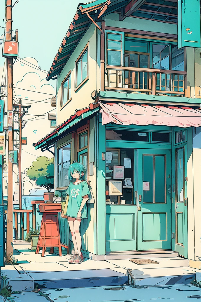 The illustration depicts a character with turquoise hair standing in front of a cafe setting. The character is wearing a T-shirt and there is a cup on a table to the right. The cafe has outdoor seating and the colors are mostly pastel, giving it a calm and tranquil atmosphere.