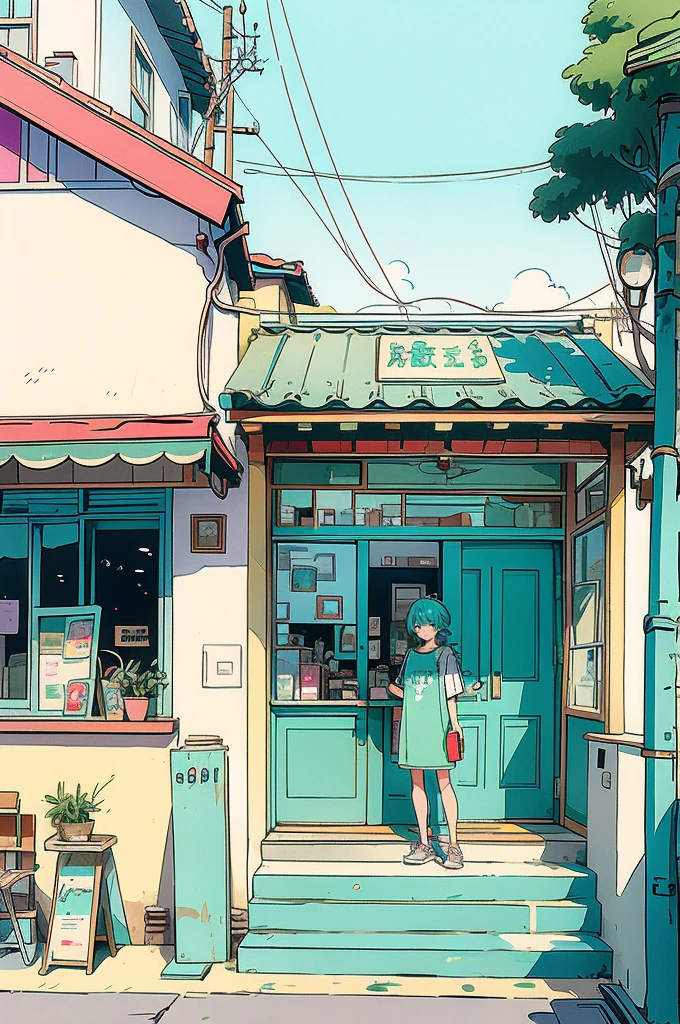 The illustration depicts a character with turquoise hair standing in front of a cafe setting. The character is wearing a T-shirt and there is a cup on a table to the right. The cafe has outdoor seating and the colors are mostly pastel, giving it a calm and tranquil atmosphere.