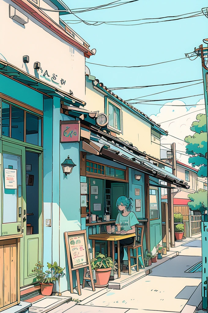 The illustration depicts a character with turquoise hair standing in front of a cafe setting. The character is wearing a T-shirt and there is a cup on a table to the right. The cafe has outdoor seating and the colors are mostly pastel, giving it a calm and tranquil atmosphere.