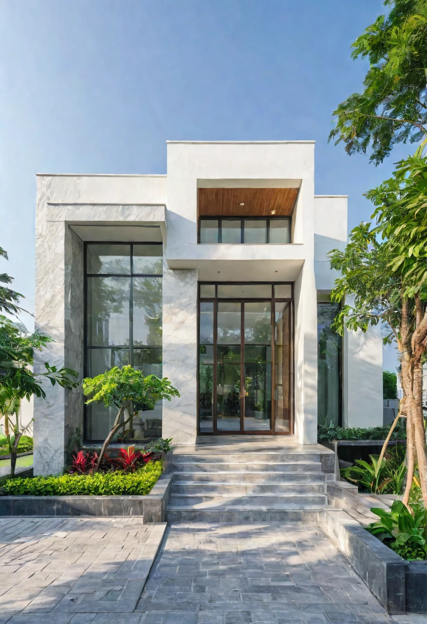 modern villa on street, (daylight), tropical tree, green shrub and plants, vivid color, streetcapes, minimalist design, brigth grey tone, (large glass door:1.2), warm interior lighting, modern material, best quality, ultra realistic, masterpiece, 
