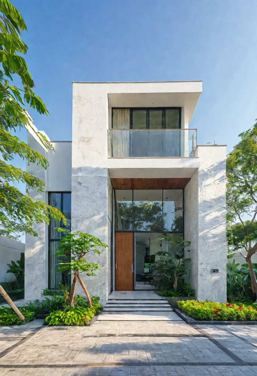 modern villa on street, (daylight), tropical tree, green shrub and plants, vivid color, streetcapes, minimalist design, brigth grey tone, (large glass door:1.2), warm interior lighting, modern material, best quality, ultra realistic, masterpiece, 
