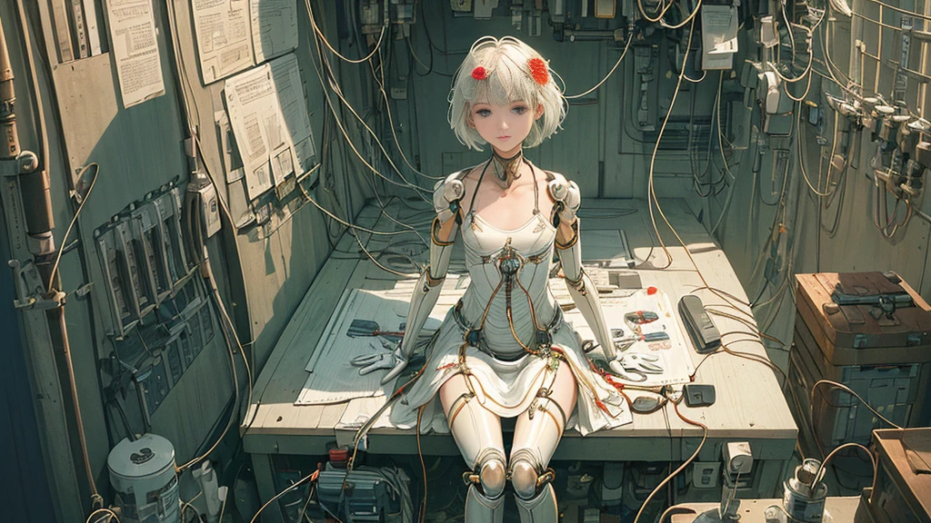 (((masterpiece))), (((best quality))), ((ultra-detailed)), (highly detailed CG illustration), ((an extremely delicate and beautiful)),(cute delicate face),cinematic light,((1mechanical girl)),solo,full body,(machine made joints:1.4),((machanical limbs)),(explosed muscles),(blood vessels connected to tubes),(a brain in container:1.3),((mechanical vertebra attaching to back)),((mechanical cervial attaching to neck)),((sitting)),expressionless,(wires and cables attaching to head and body:1.5),small breasts,short hair,(character focus),science fiction