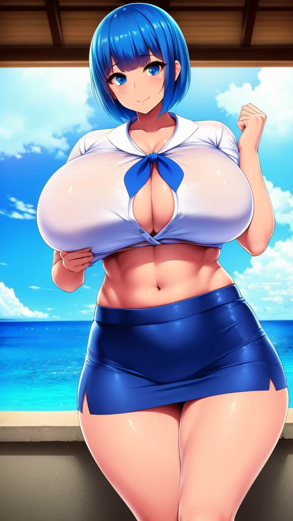 A sexy Hawaiian girl, beautiful, {Ultra-Gigantic breast}, beautiful, bright blue hair, round cut, her blue eye, she wears a white shirt, shows her navel, and a long blue skirt.