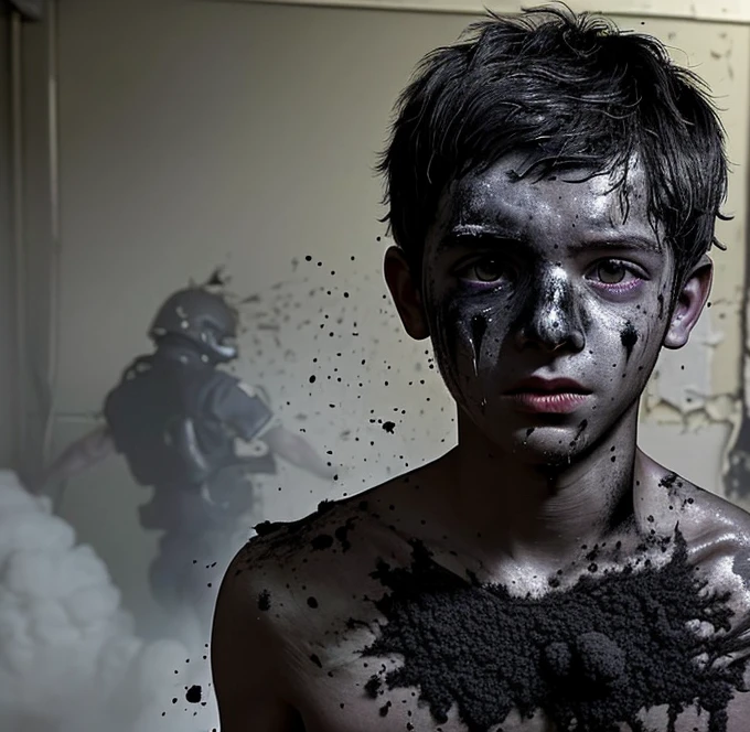 A boy is covered in soot after an explosion due to a failed concoction