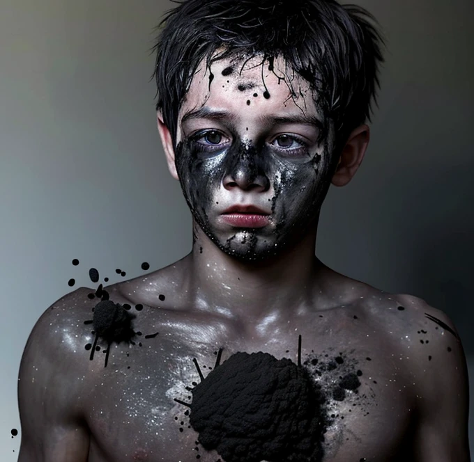 A boy is covered in soot after an explosion due to a failed concoction