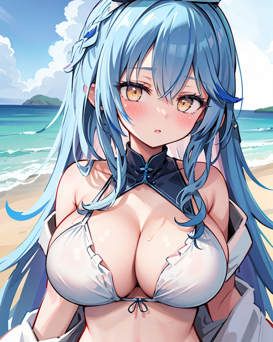 Yukihana Lamy,Outdoor,((beach,White Bikini,just))(Highest quality), (masterpiece), (High resolution), Perfect Face,Tiara on head,Thin belly,original, Very detailed8K壁紙,((Very detailed)), Very detailed,(1 girl, alone:1.2), (blush:1.2),,,((High resolution)),(Huge breasts:1.10),(Highest quality:1.2),(Huge breasts),Upper body close-up