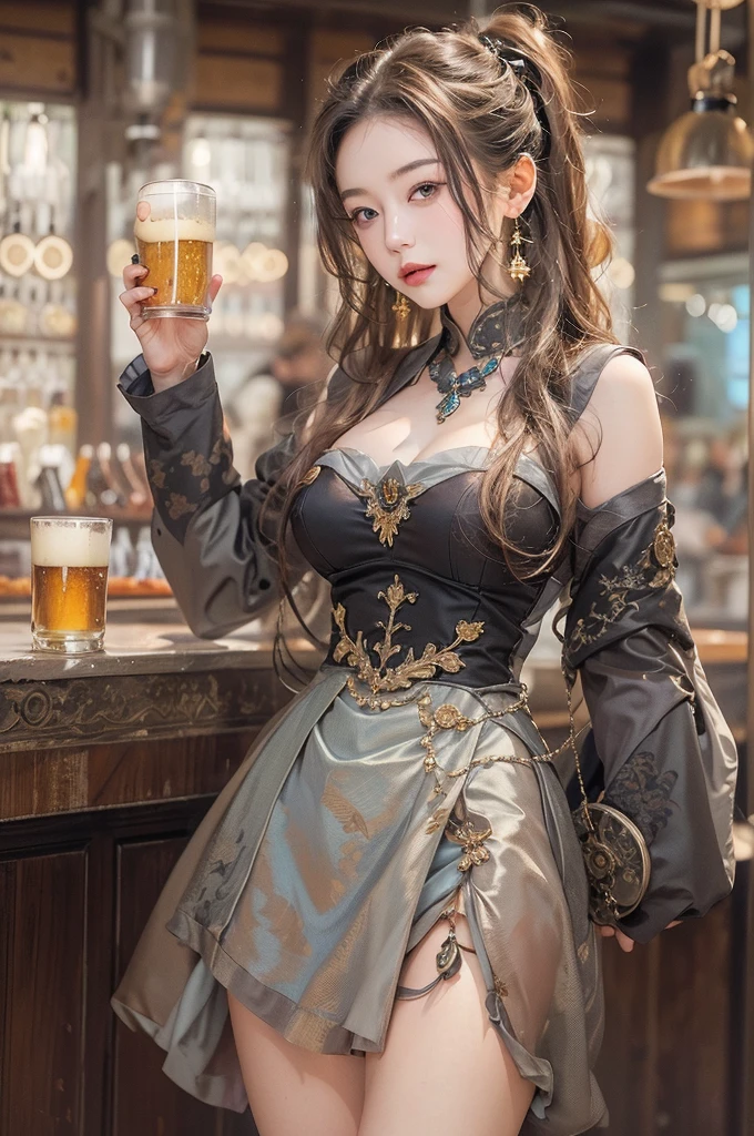 (masterpiece:1.3), (8k, Realistic, RAW Photos, Best image quality: 1.4), Japanese 、18-year-old,(Random Hairstyles:1.2)、Cleavage:1.2、Highly detailed face、Attention to detail、double eyelid、Chest to chest、Sharp focus:1.2、Beautiful woman:1.4、Light brown hair、Highest quality、masterpiece、Ultra-high resolution、(Realistic:1.4)、Highly detailed and professionally lit smiles、Loose fitting steampunk outfit、Shoulder out、thin、Serious expression、drinking beer at bar