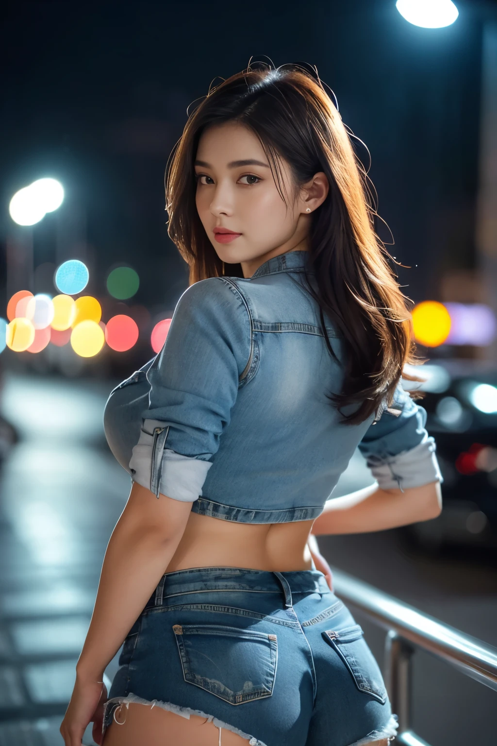 a beautiful woman in a crop top jacket and denim shorts, with plump thighs, looking back at the camera, surrounded by the bokeh lights of a night city street, cinematic, highly detailed, photorealistic, 8k, (best quality,4k,8k,highres,masterpiece:1.2),ultra-detailed,(realistic,photorealistic,photo-realistic:1.37),HDR,UHD,studio lighting,ultra-fine painting,sharp focus,physically-based rendering,extreme detail description,professional,vivid colors,bokeh