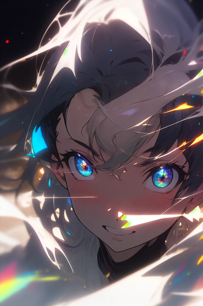 (masterpiece, Highest quality), Ultra-detailed, Absurd, Clean Lines, Kyoto_animation, Cinema Lighting, blush, View your viewers, Moderate_hair, (black_hair:1.2), thin hair clip, blue colorshift eyes, Expressive eyes, clavicle, smile, night, performer, close