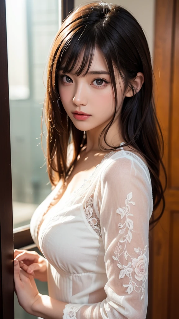 girlvn03, photographed on a Nikon Z7 II Mirrorless Camera,120mm F/4 wide-angle
best quality, masterpiece, ultra detailed, cowboy shot, flowing, 3dmm, ink sketch, color ink, ink rendering, octane render, pastels, rice paper, 1girl, beautiful detailed eyes, (alternate hairstyle), ultra detailed hair, graceful, (charming), (delicate), pretty, cute, lace dress, character in the center of the frame, rhythm, fantasy, looking at viewer, xxmix girl,sexy, seductive , messy hair, unbuttoned shirt, breasts