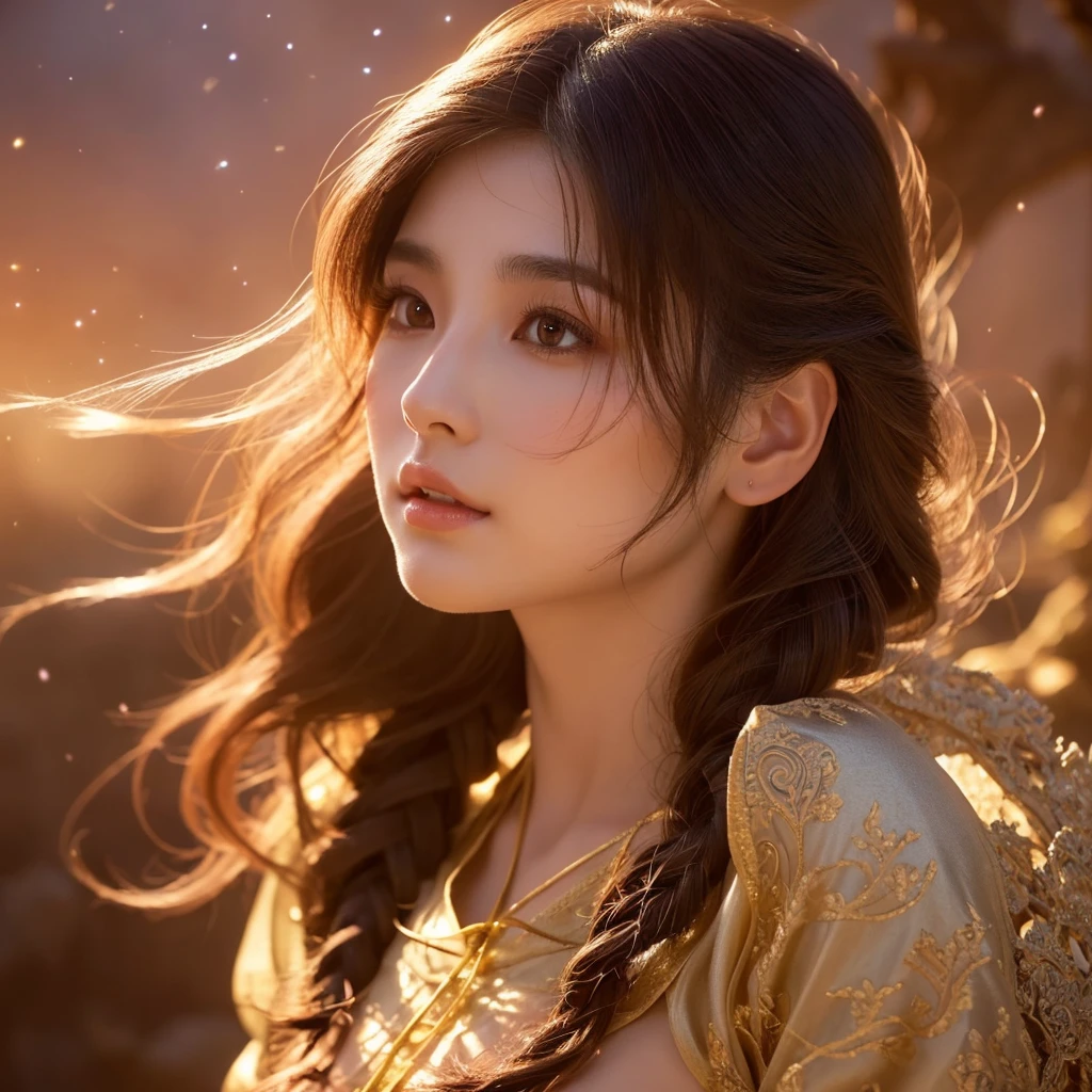 a beautiful young japanese girl, (detailed face, detailed eyes, beautiful lips, detailed nose, long eyelashes:1.2), (plump breast:1.2), (nude body:1.2), (silk clothing:1.2), (fantasy style, mythology, mystical, magical, ethereal:1.2), (highly detailed, 8k, intricate details, photorealistic, cinematic lighting:1.4), (warm color tones, soft lighting, dramatic lighting:1.2), glowing skin, flowing hair, sensual pose, fantasy landscape background