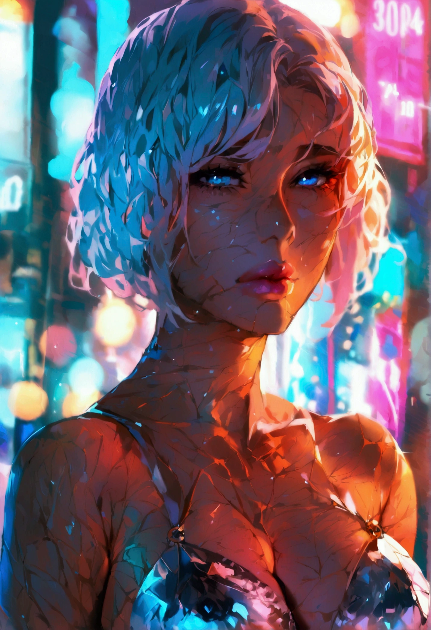 score_9,score_8_up,score_7_up,score_6_up,score_5_up,score_4_up, 1girl, (best quality),Tall cold Supermodel, very tall, mature beauty face, mid-twenties, pale skin, white hair, bob cut, white eyebrows, full pink lips, big breasts, tight ass, smooth long legs, light blue eyes, wears ashort silverquine dress