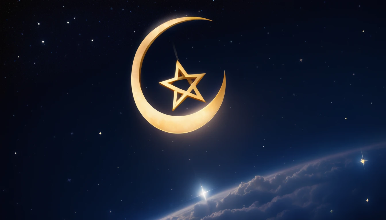 A high-resolution image with the Star of David on the left and the Crescent with a Star on the right, both glowing with a soft light against a dark, starry background.