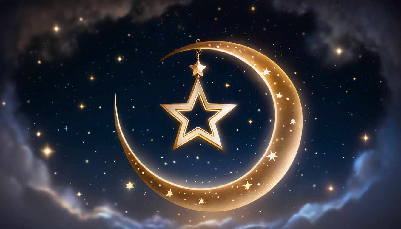 A high-resolution image with the Star of David on the left and the Crescent with a Star on the right, both glowing with a soft light against a dark, starry background.