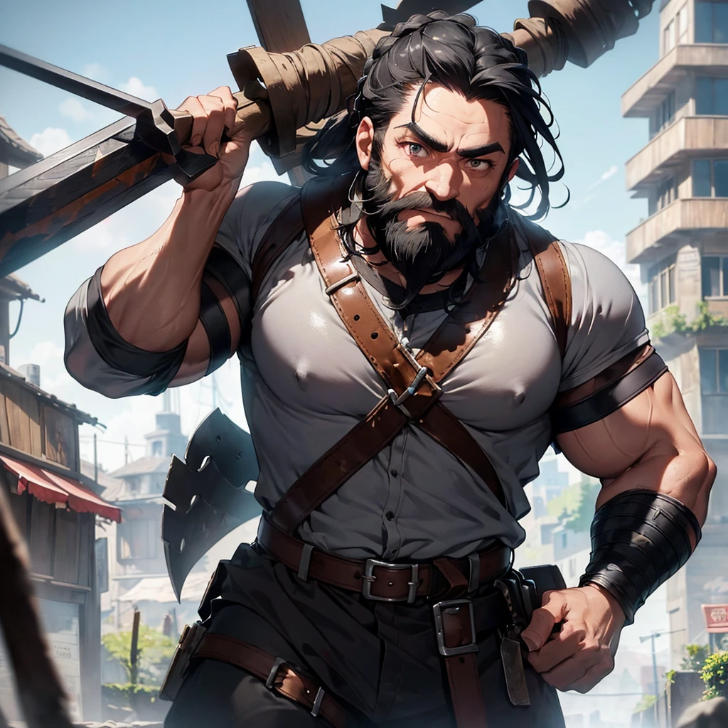 a muscular dwarf man, short black beard braided with silver threads, slate gray eyes, wearing leather armor reinforced with metal plates, a war ax hanging from his belt, hyperdetailed, highly realistic, cinematic lighting, dramatic shadows, vibrant colors, octane render, 8k, best quality, medieval city, universe fantasy, florest